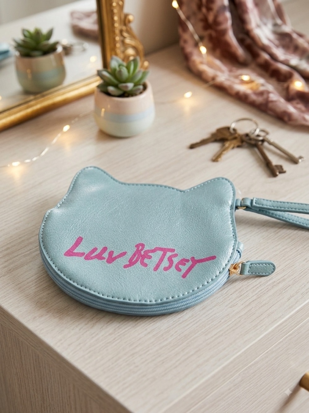 Betsey Johnson Teal Cat Wristlet with Pink Logo
